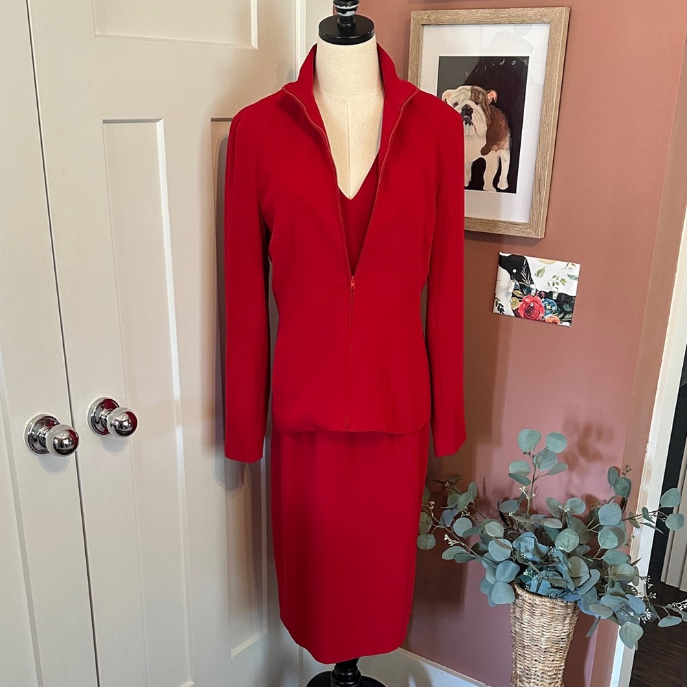 BURNS Red Women's sheath deep vneck cap sleeve dress collar zip jacket suit